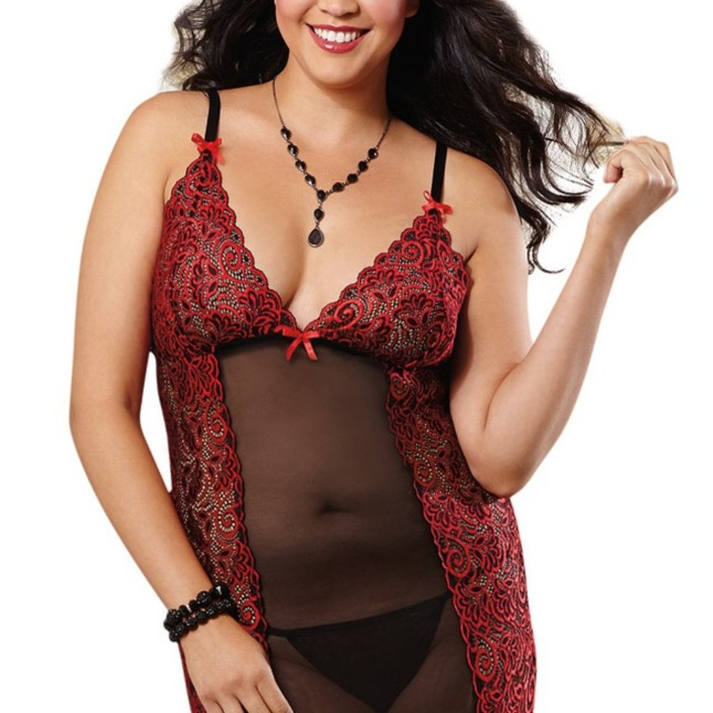 Black and Red Lace Mesh Garter Slip, size Large